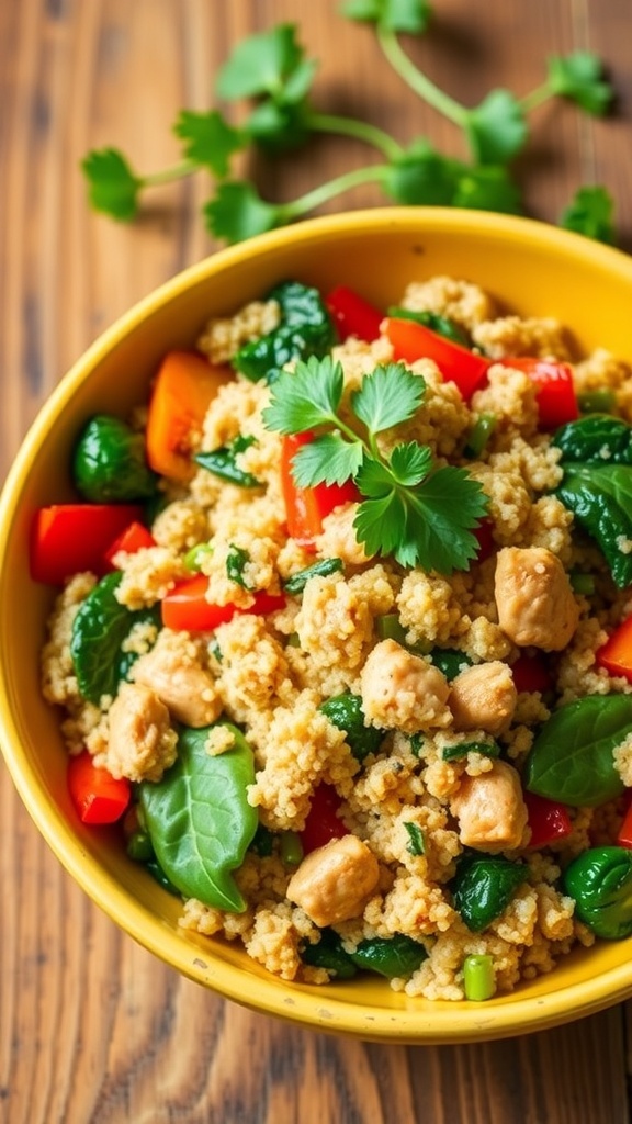 A healthy ground chicken and quinoa bowl with colorful vegetables, garnished with parsley, on a rustic table.